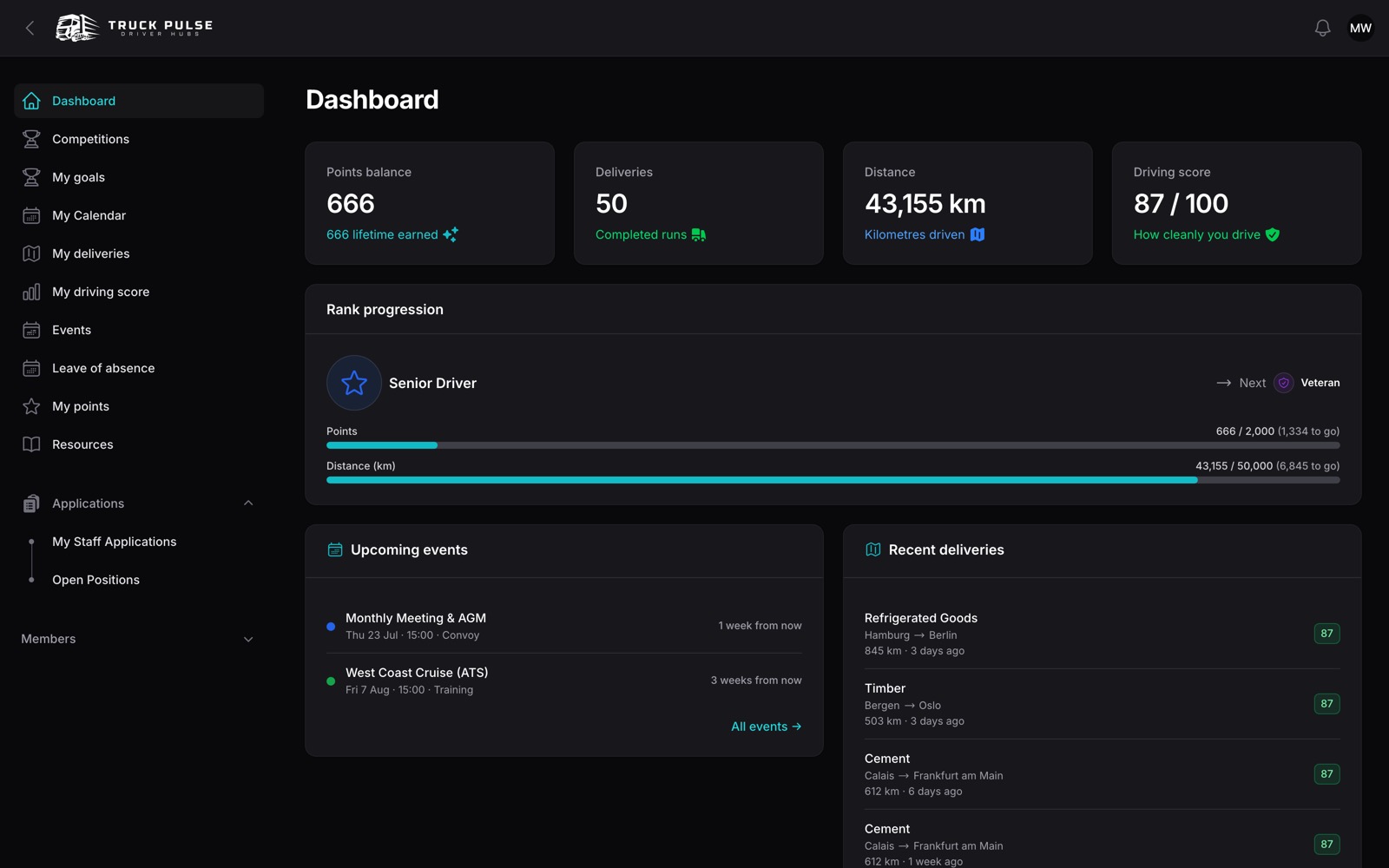 Screenshot of the Driver dashboard in a TruckPulse Drivers Hub