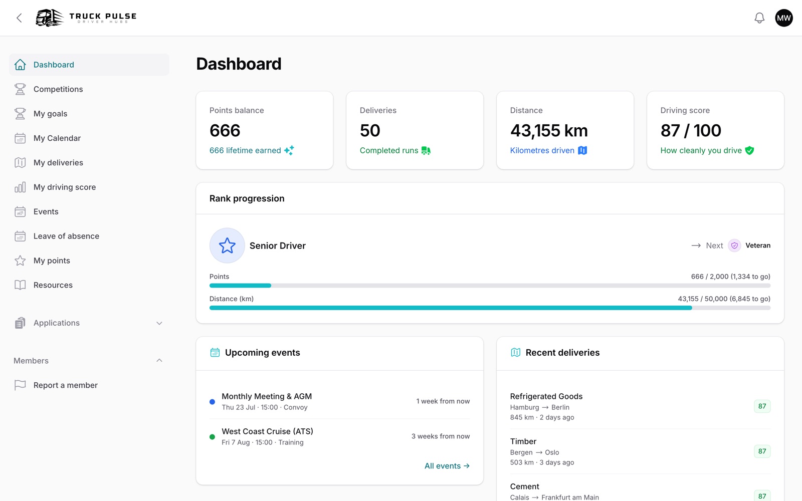 Screenshot of the Driver dashboard in a TruckPulse Drivers Hub