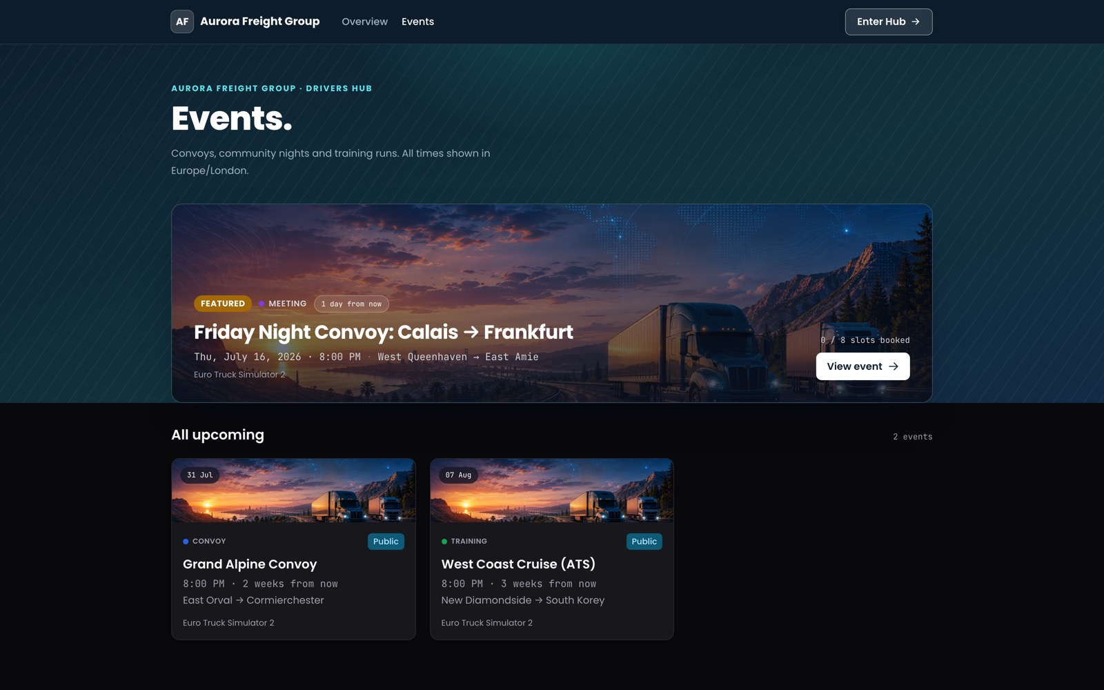 Screenshot of the Events & convoys in a TruckPulse Drivers Hub