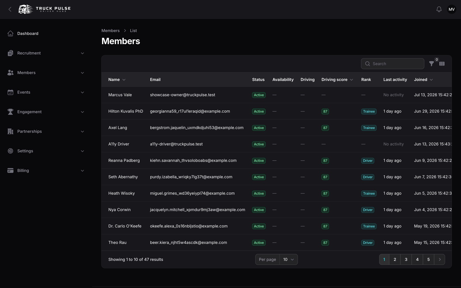 Screenshot of the Roster & recruitment in a TruckPulse Drivers Hub
