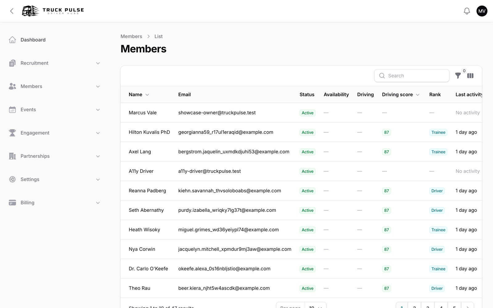 Screenshot of the Roster & recruitment in a TruckPulse Drivers Hub