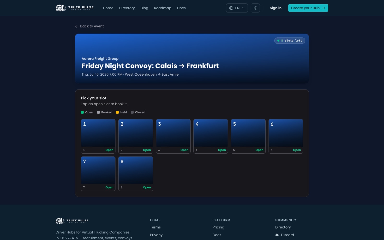 Screenshot of the Slot booking in a TruckPulse Drivers Hub
