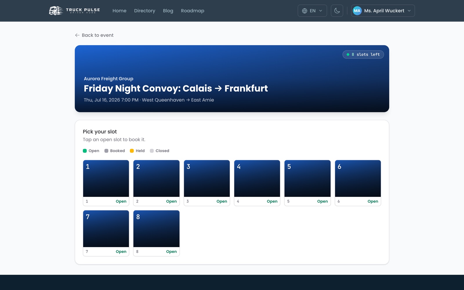 Screenshot of the Slot booking in a TruckPulse Drivers Hub